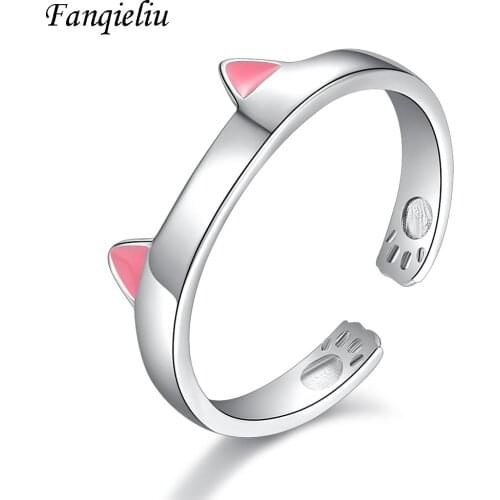 Fanqieliu Cute Cat Paw Real 925 Sterling Silver Ring For Women Retro Opening Cuff Rings Adjustable Wedding Bands FQL20444