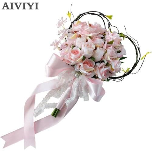 Foreign trade excellent creative rattan heart-shaped bouquets flowers rose pink Korean style fresh Sen knot wedding bride artif
