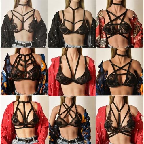 Lace Body Harness Bra Women Sexy Lingerie Black Crop Top Cage Bra Goth Pentagram Harness Rave Bondage Body Harness