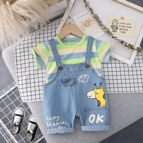 HYLKIDHUOSE Summer Baby Boys Girls Clothing Sets Toddler Infant Clothes Short Sleeve Stripe T Shirt Denim Shorts Kids Outfit
