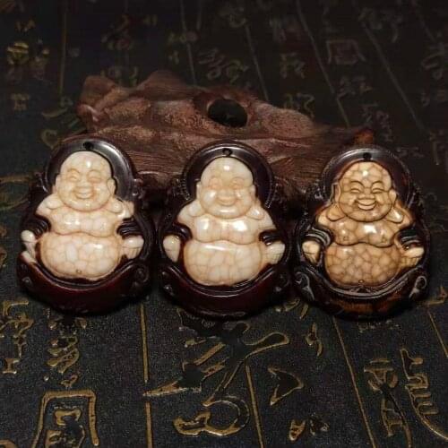 Old Agate Carved Smiling Maitreya Buddha Sun Ruyi Swastika Totem Dzi Beads Men&Women Amulet Necklace Pendant