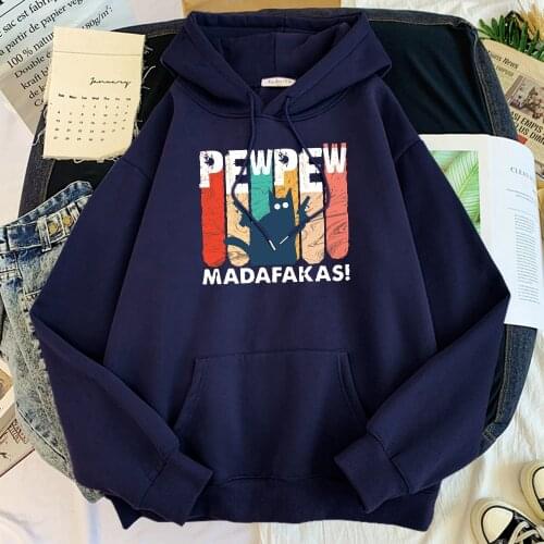 Pew Pew Madafakas Black Cat Print Hoody Mens Cartoon Fashion Hoody Crewneck Loose Streetwear New Fleece Pullover Hoodie Mens