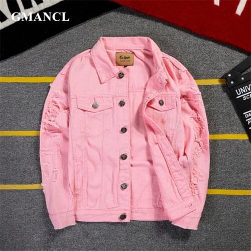 2020 New 5XL 4XL Pink Ripped Denim Jackets Men/Women Hip Hop Holes Casual Fashion Distressed Streetwear Solid Male Jeans Jacket