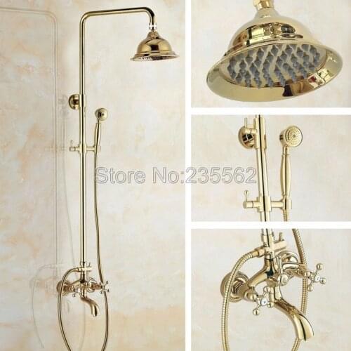 Gold Color Brass Dual Cross Handle Rain Shower Faucet Set Wall Mounted + Bathroom Tub Spout Mixer Taps lgf446