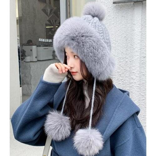 2021 New Women Fox Fur Hats Knitted Wool Bomber Hat Elastic Cap Trapper Russian Girl Ski Hats Caps Ear Protector Winter Warm