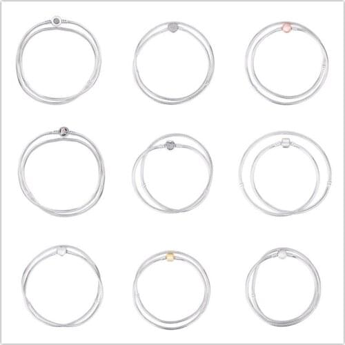 Original 925 Sterling Silver Pan Necklace Crystal Love Heart Clasp Snake Chain Necklace Fit Bead Charm Diy Europe Jewelry