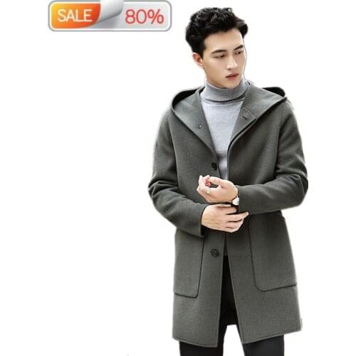 Real Wool Autumn Winter Jacket Men Hooded Double-side Woolen Streetwear Trench Coat T-24-069 ND2046