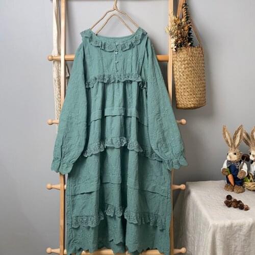 Fall Japan Style Mori Girl Cotton Dress Fairy Lace Collar Long Sleeve Embroidery vintage Women Dresses