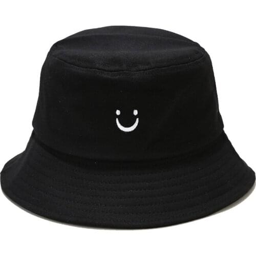 Women Smile Face Bucket Hat Cotton Sun Hat Solid Macaron Color Outdoor Travel Beach Panama Patch Stitched Fishermen Female Cap