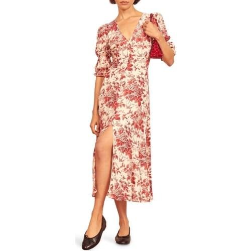 Summer Dress 2021 V Neck Puff Sleeve Front Slit Sexy Party Elegant Vintage Midi Dress Floral Print Chiffon Beach Dress Vacation