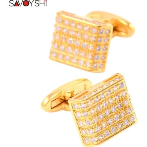 SAVOYSHI Luxury Crystal Cufflinks For Men Shirt Cuff Buttons High Quality Square Gold Color Cufflink Brand Jewelry Wedding Gift