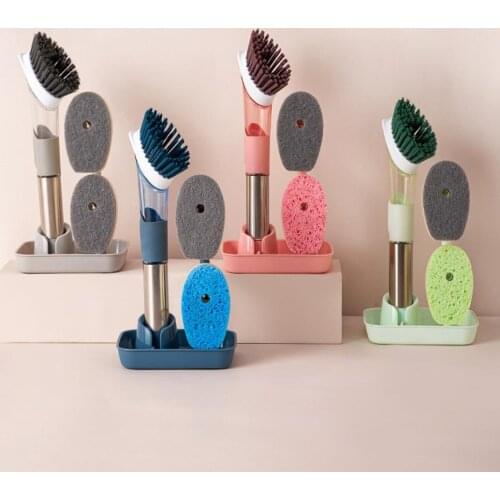 1 Set Cleaning Brush 4 in 1 Automatic Liquid Adding Scrubbing Brush Detachable Anti-scratch Refillable Sponge Dishwashing Brush