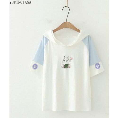 Women Cartoon Print Hooded Patchwork Hit Color Sweatshirts Short Sleeve Cotton Hoodies Casual Loose Pullover Harajuku Hoodies