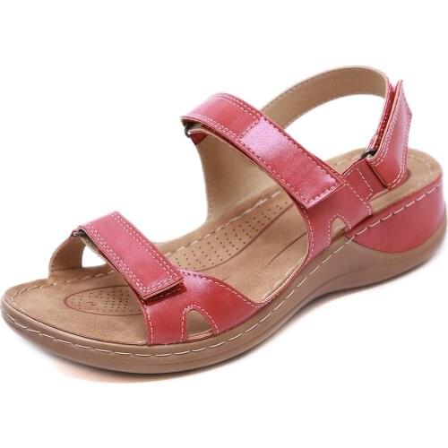Womens Summer Open-toed Comfortable Sandals Low-heeled Walking Sandals Retro Roman Sandals Car Line Anti-skid Velcro Wedges