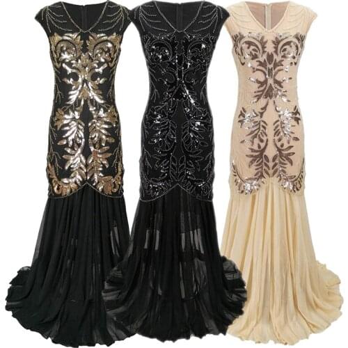 20s Womens 1920s Party Dresses Beaded Sequin Evening Gown Gatsby Flapper Long Dress V-Neck Sleeveless Chiffon Maxi Dress S-XL