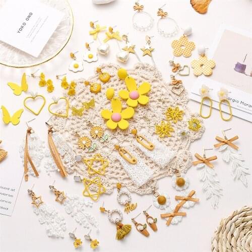 Women Yellow Tassel 925 Silver Needle Asymmetrical Heart/Star/Pentagram Retro Fashion Dangle Earrings Party Vintage Accessories