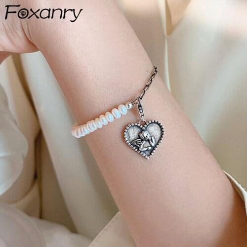 Foxanry New Fashion 925 Sterling Silver Bracelets for Women Elegant Creative LOVE Heart Pendant Party Jewelry Pearls Accessories