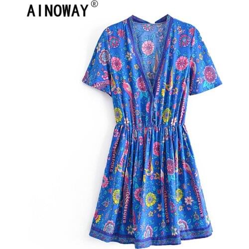 Bohemian chic women blue peacock floral bird print deep V-neck beach mini dress ladies short sleeve rayon Boho sundresses
