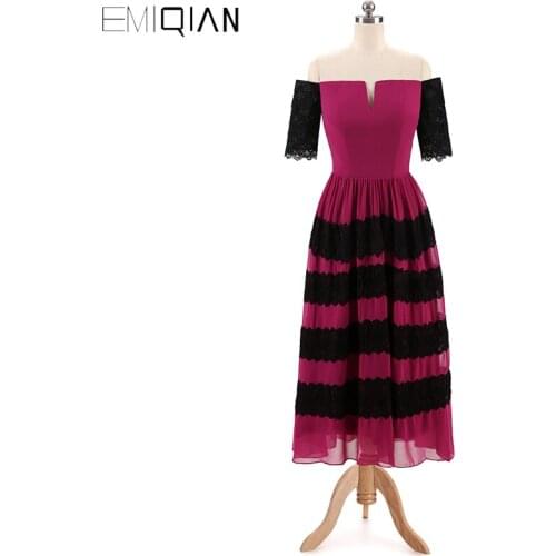 New Arrival Formal Black Lace Tea Length Prom Dresses Cap Sleeves Notched Neck Designer Formal Gowns