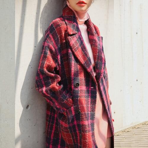 Winter New Jacket Vintage Plaid Blends Woolen Coat Casual Loose Long Temperament Lapel Single-breasted Blend Wool Coats