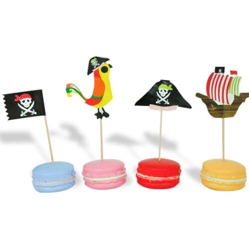 24Pcs Cartoon Pirate Ship Skulls Cupcake Toppers Cake Flag Cake Decorations Halloween Theme Kids Birthday Party Supplies