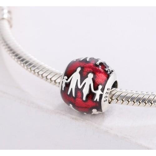 925 Sterling Silver Our Family Red Enamel Beads Mom Father Child Hand In Hand Family Home Charm Bracelet DIY Jewelry Accessory