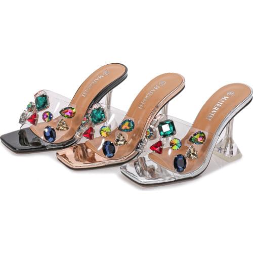 Comemore New Summer Slippers Ladies Heels PVC Transparent Diamond Clear Slides Peep Toe Cup Heel 9cm Sandals Women Shoes Size 46