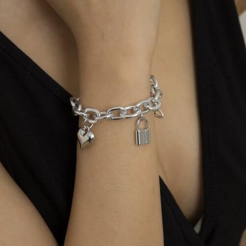 Punk Style Hip-hop Love Geometric Lock Tag Bracelet Simple Single-layer Metal Aluminum Chain Hollow Chain Bracelet Wedding Gift