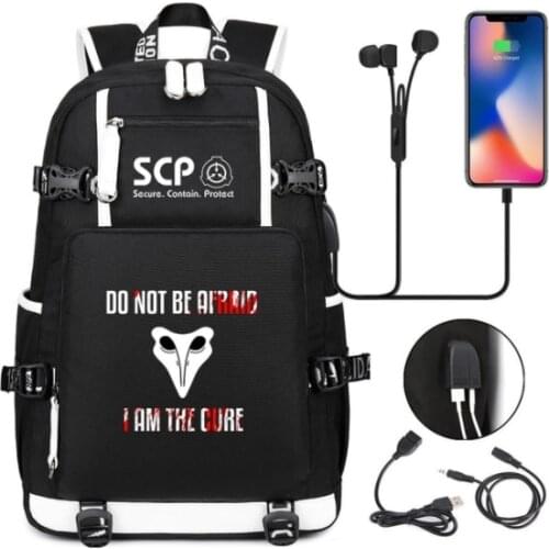 SCP Foundation Backpack Black Bookbag Cartoon School Bags for Teenage Kids SCP Travel Bagpack USB Laptop Shoulder Bags