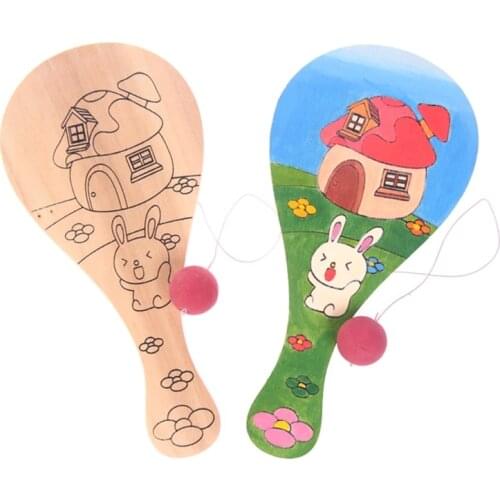 Wooden Racket with 4Patterns for Baby Learning & Developmental Interactive DIY Racket Toy Mini Paddleball with String