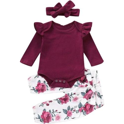 Wholesale 3Pcs Baby Girls Outfit Set Newborn Toddler Girls Clothes Ruffle Solid Long Sleeve Bodysuit Top+Floral Pants+Headband