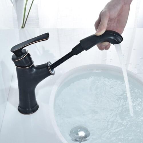 Brass Bathroom Basin Sink Pull Out Faucet Hot And Cold Mixer Faucet Tap 360 Degree Rotating Crane Black Countertop Faucet