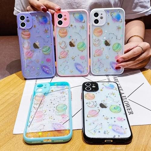 Cute Space Glitter Phone Case for IPhone 12 Mini 11 Pro Max Xr X Xs 8 7 Plus Clear Planet Star Candy color Frame Silicone Cover