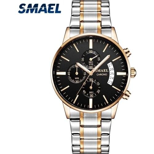 SMAEL Business Style Fashion Quartz Mens Watches, Shatter-Resistant, Waterproof, LED Luminous Hands, Stainless Steel Bracelet