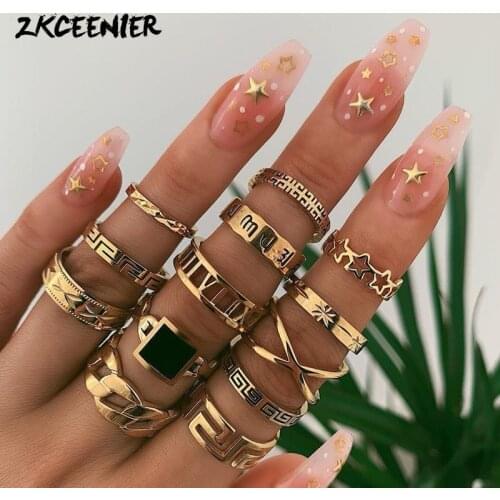 Gold Brand Rings Set Crystal Joint Rings Geometric Elements Vintage Beach Bikini Set Rings Women Fashion Gift Anillos Mujer
