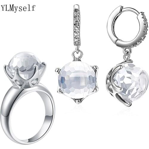 Brilliant Clear Ball Crystal Dangle Earrings Ring sets Rhodium Plated Jewelry High quality Womens Jewellery Statement 2pcs set