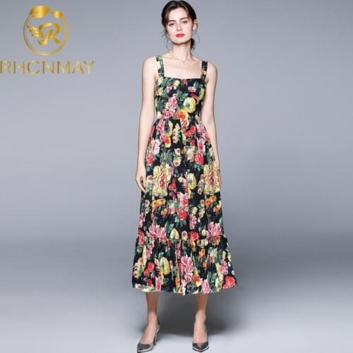 Newest Fashion Summer Dress Fashion Designer Women Sexy Spaghetti Strap Floral Printed Holiday Female Midi Dresses vestoidos