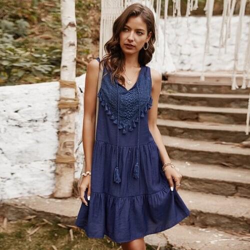 2021 New Fashion Women Summer Elegant Tassel Dress Ladies Sleeveless V-Neck Solid Holiday Mini Dress