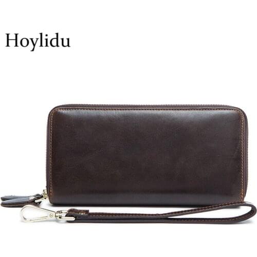 New Genuine Cow Leather Mens Wallet Business Double-layer Large Capacity Zipper Long Clutch Bag Male Fashion Handbag Coin Purse