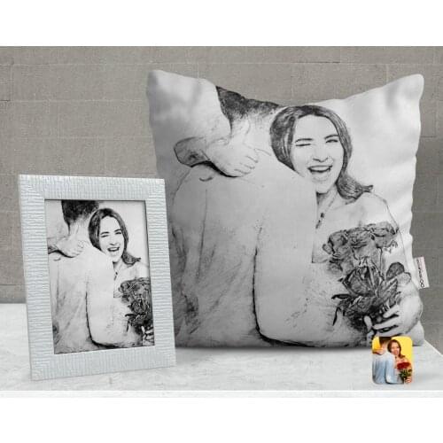 Personalized Special Charcoal Design Decorative Pillow and Frame Gift Seti-1