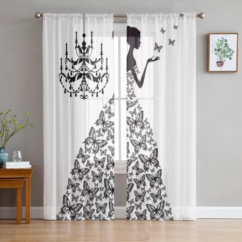 Butterfly Dresses Girl Chandelier Black And White Tulle Curtains for Living Room Decoration Chiffon Sheer Voile Kitchen Curtain