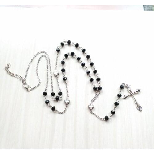 QIGO Black Crystal Men Necklace Long Cross Pendant Necklace Fashion Jewelry