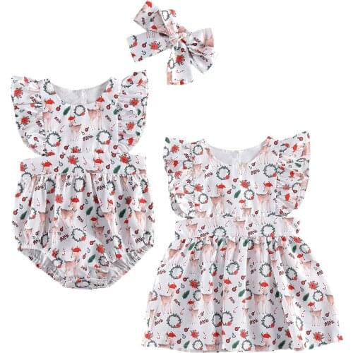 Christmas Infant Baby Girls Deer Print Flared Short Sleeve Romper+Headband/Dress Sister Family Matching Clothes