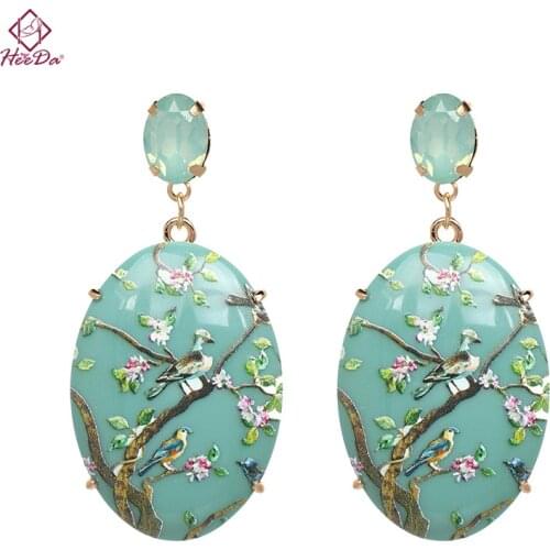 Heeda Bohemia New Resin Print Fresh Flower Blue Stud Earring 2018 Fashion Birds Elegant Earring Kpop Trendy Black Ear Decoration