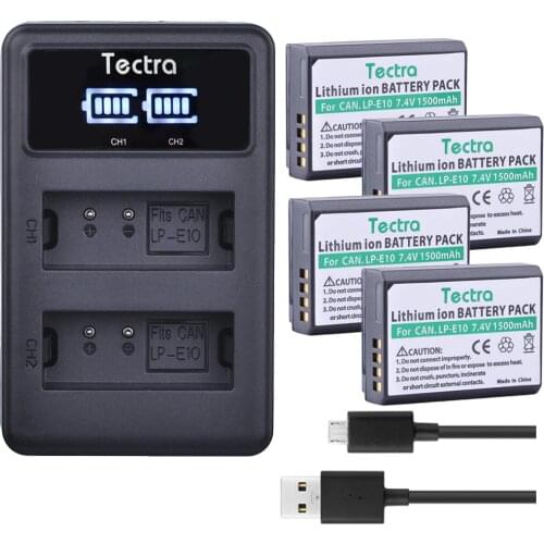 Tectra 4x LP-E10 LPE10 Bateria + LED Display USB Dual Charger for Canon EOS Rebel T3 T5 T6 Kiss X50 Kiss X70 EOS 1100D EOS 1200D