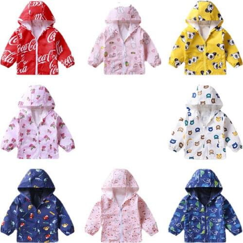2021 Spring Children Girls Hooded Jackets Kids Boy Coat Outerwear Cartoon Print Cardigan Sun Protection Breathable Tracksuits
