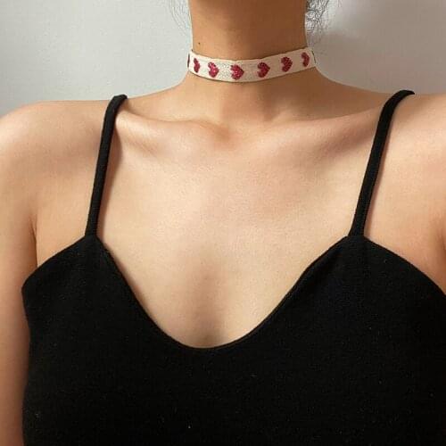 Vogallery Kawaii Heart Women Chokers Necklaces Fashion Cotton Pink Red White Beige Short Necklace Summer Chocker Jewelry New