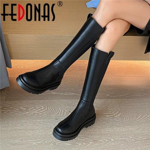 FEDONAS Round Toe Women Knee High Boots Genuine Leather Top Quality Chunky Heels Pumps For Women Winter Basic Casual Boots Boots