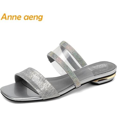 2019 New Summer Genuine Leather Outside Women Slippers Low Square Heel Metal Crystal Casual Women Shoes Pink Female Mules Slides