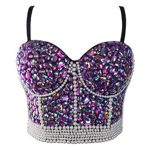 Purple Diamond & White Pearl Beading Belly Dance Bra Bustier Crop Top Sexy Bralette Push Up Bras For Women Party Night Club Wear